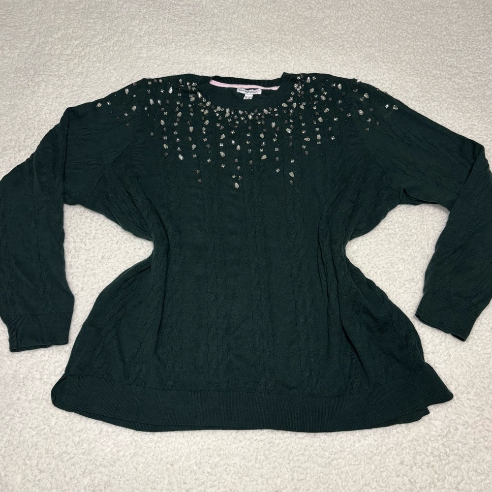 Isaac Mizrahi Live! Women Plus Green Cable Knit Rhinestones Sweater